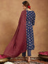Janasya Women's Navy Blue Pure Cotton Yoke Embroidered Floral Printed Anarkali Kurta Set
